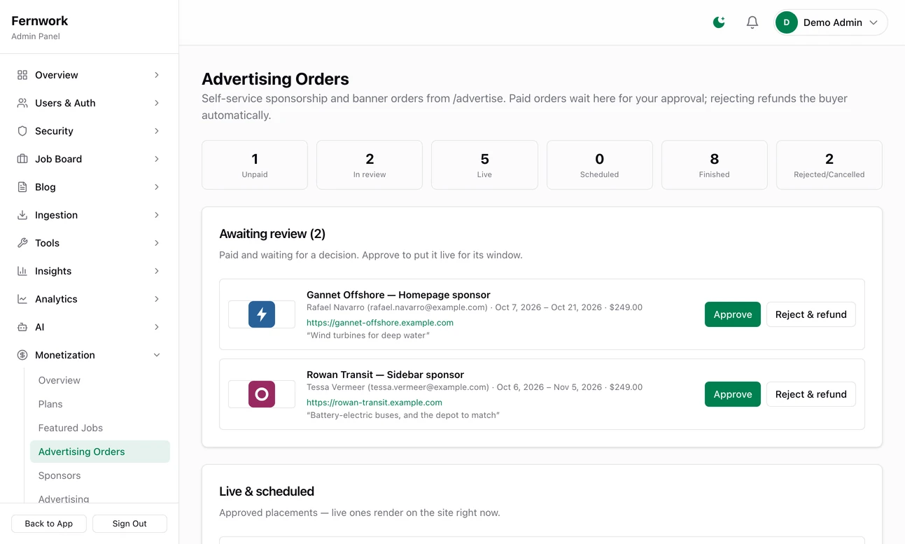 The Advertising Orders page: counters for 1 unpaid, 2 in review, 5 live, 8 finished and 2 rejected or cancelled, then two paid orders awaiting review, Gannet Offshore for a homepage sponsorship and Rowan Transit for the sidebar, each with Approve and Reject and refund buttons