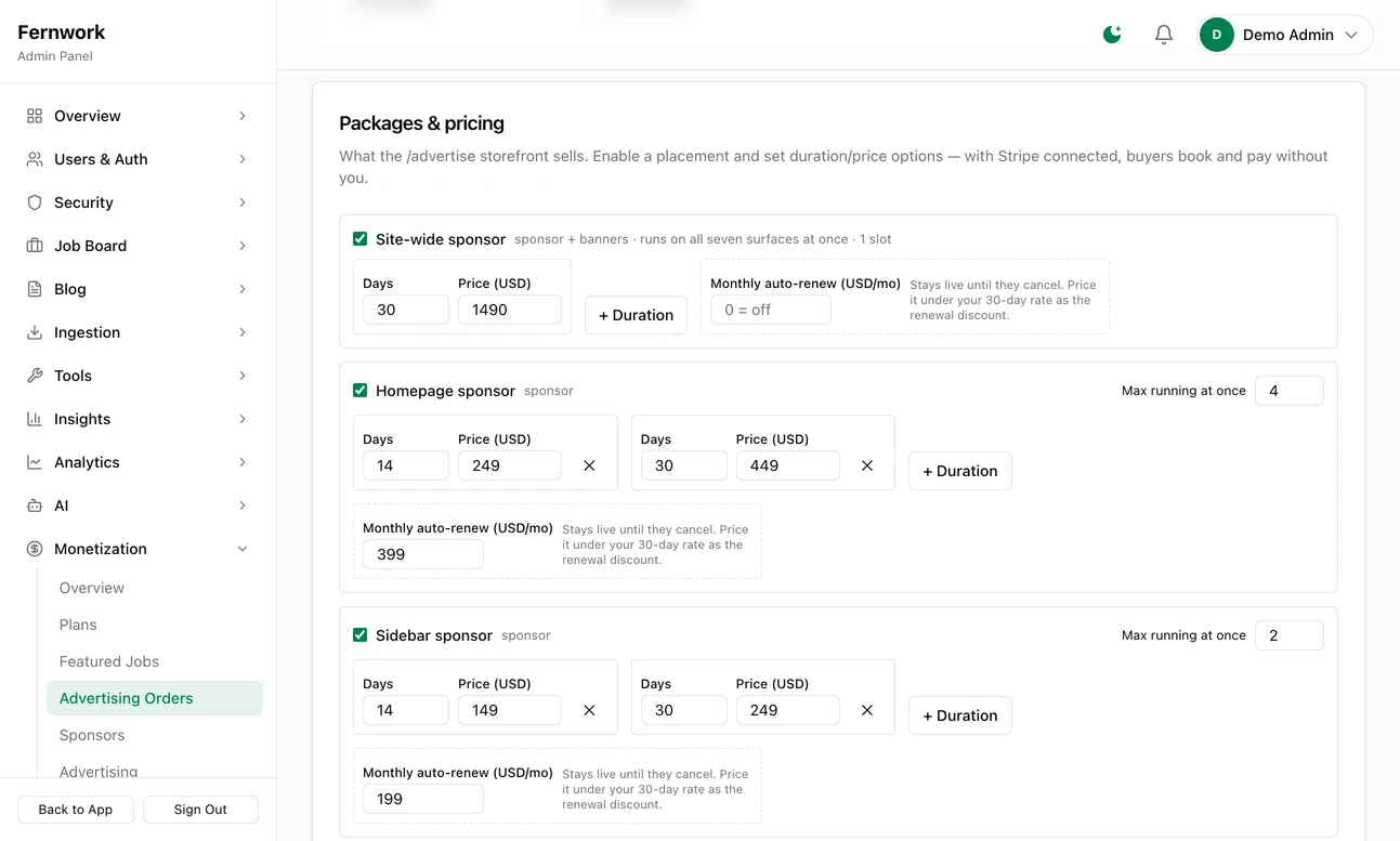 The Packages and pricing form on the Advertising Orders page: a tick box for each placement, with the days and price of each option, an optional monthly auto-renew price and how many can run at once; Homepage sponsor is 249 dollars for 14 days or 449 for 30