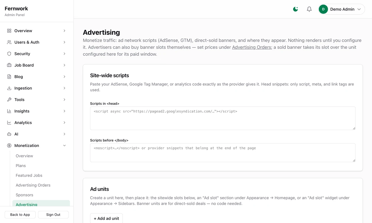 The Advertising page: boxes for scripts in the head and before the end of the body, a list of ad units, three lists for the sitewide placements and the ads.txt box