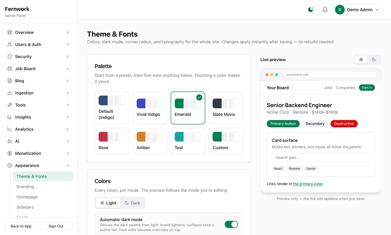 The Theme and Fonts page: eight palette presets with Emerald selected, a Light and Dark switch for the colour tokens, an automatic dark mode toggle, and a live preview of a job card in the chosen colours