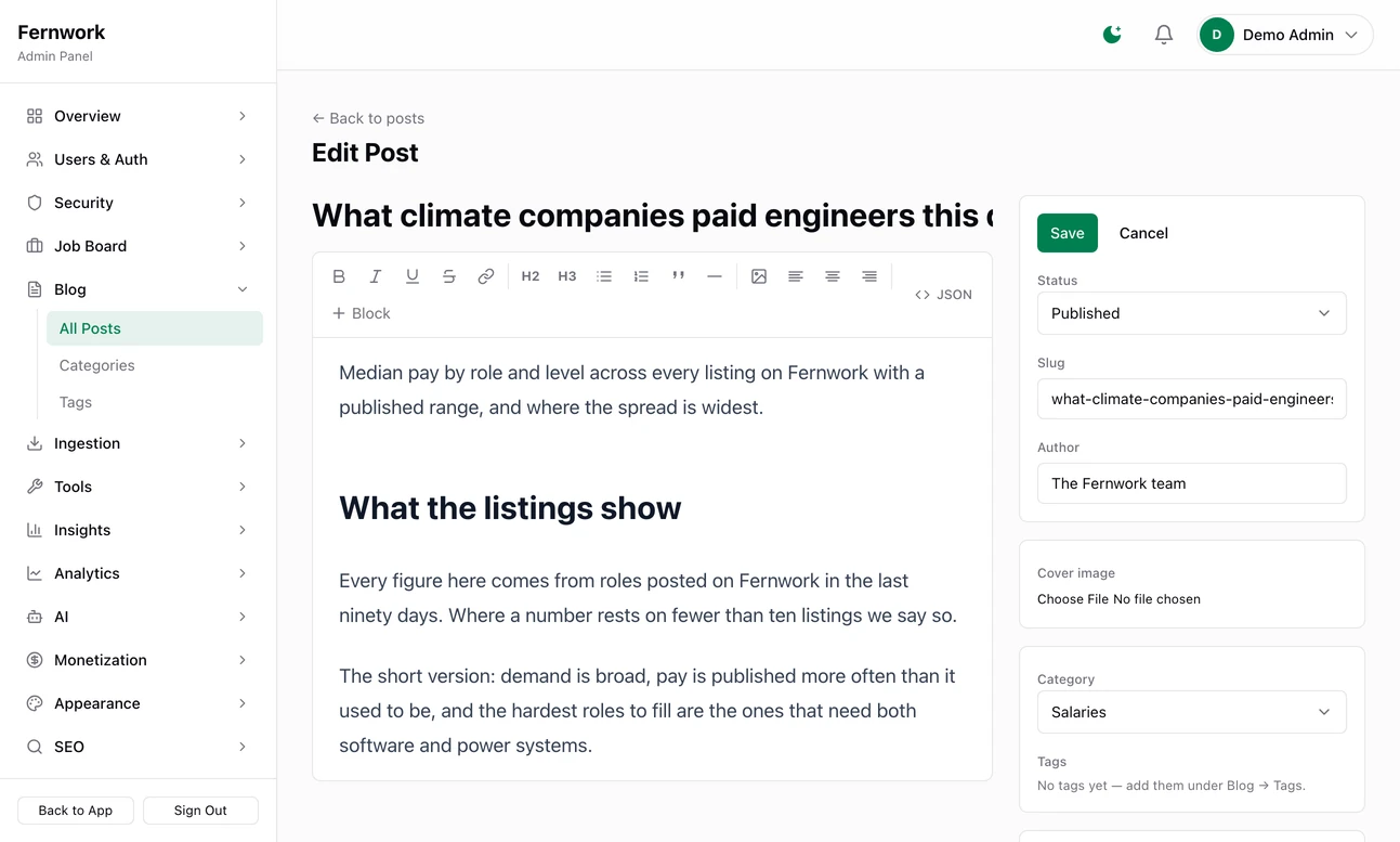 A blog post open in the editor: the title and body with the formatting toolbar and Block button on the left, and on the right Save and Publish buttons, status, slug, author, cover image, category, tags and excerpt