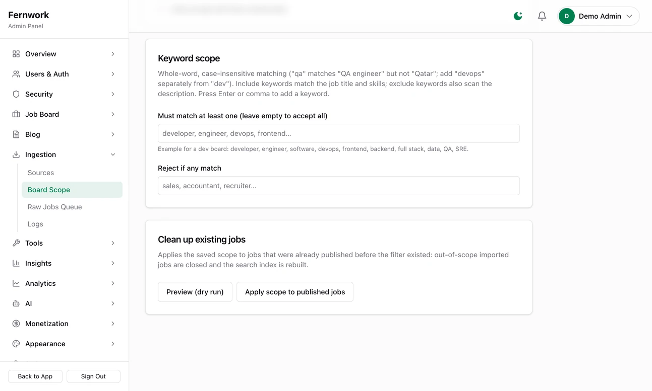 The Keyword scope box with the include keywords under Must match at least one, the exclude keywords under Reject if any match, and the Clean up existing jobs box with Preview and Apply buttons