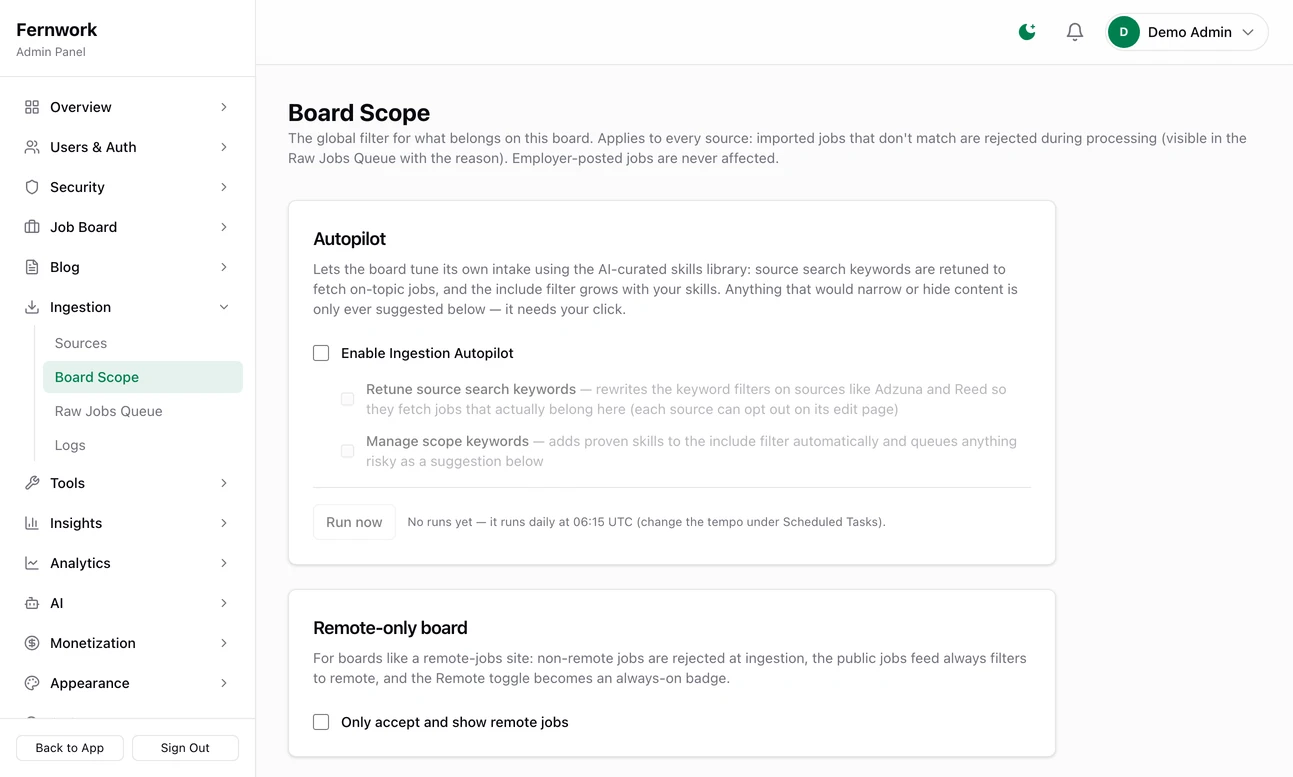 The Board Scope page: the Autopilot box with its three tick boxes and Run now, then the Remote-only board box with its single tick box