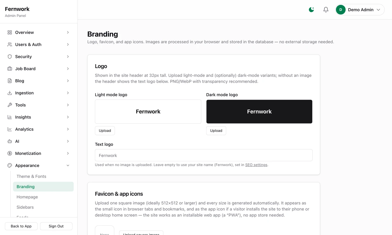 The Branding page: boxes for a light mode logo and a dark mode logo, each with an Upload button, a Text logo box, and the Favicon and app icons card with an Upload square image button