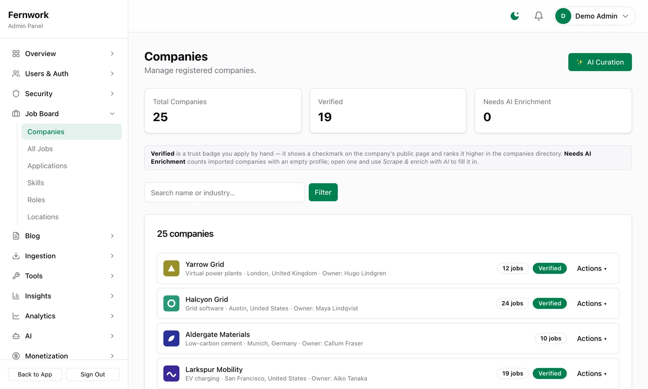 The Companies page: tiles for total companies, verified and needing AI enrichment, a search box, and a row for each company with its industry, location, owner, live job count and an Actions menu
