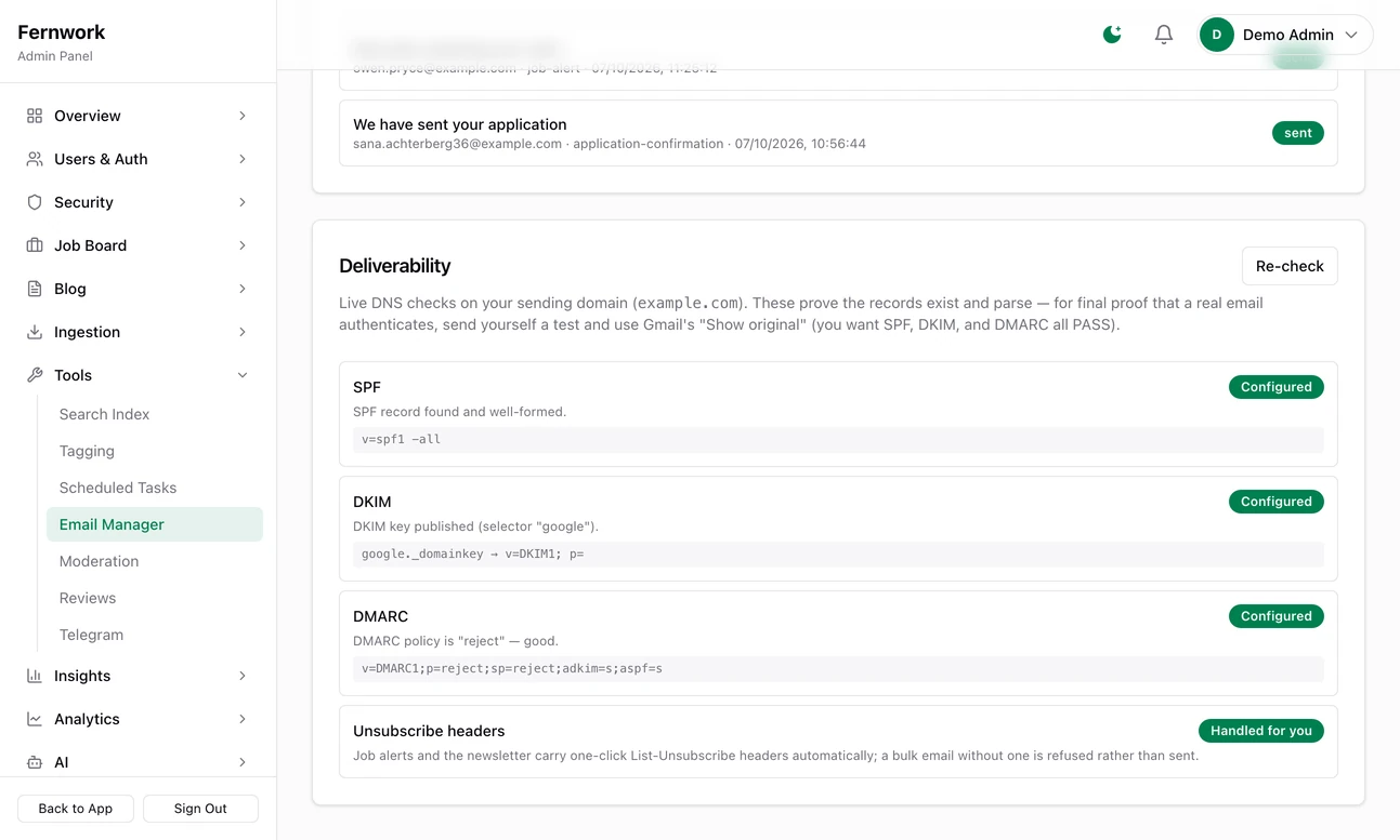 The Deliverability card: rows for SPF, DKIM and DMARC, each with a mark, a line of advice and the record found, and a fourth row for unsubscribe headers