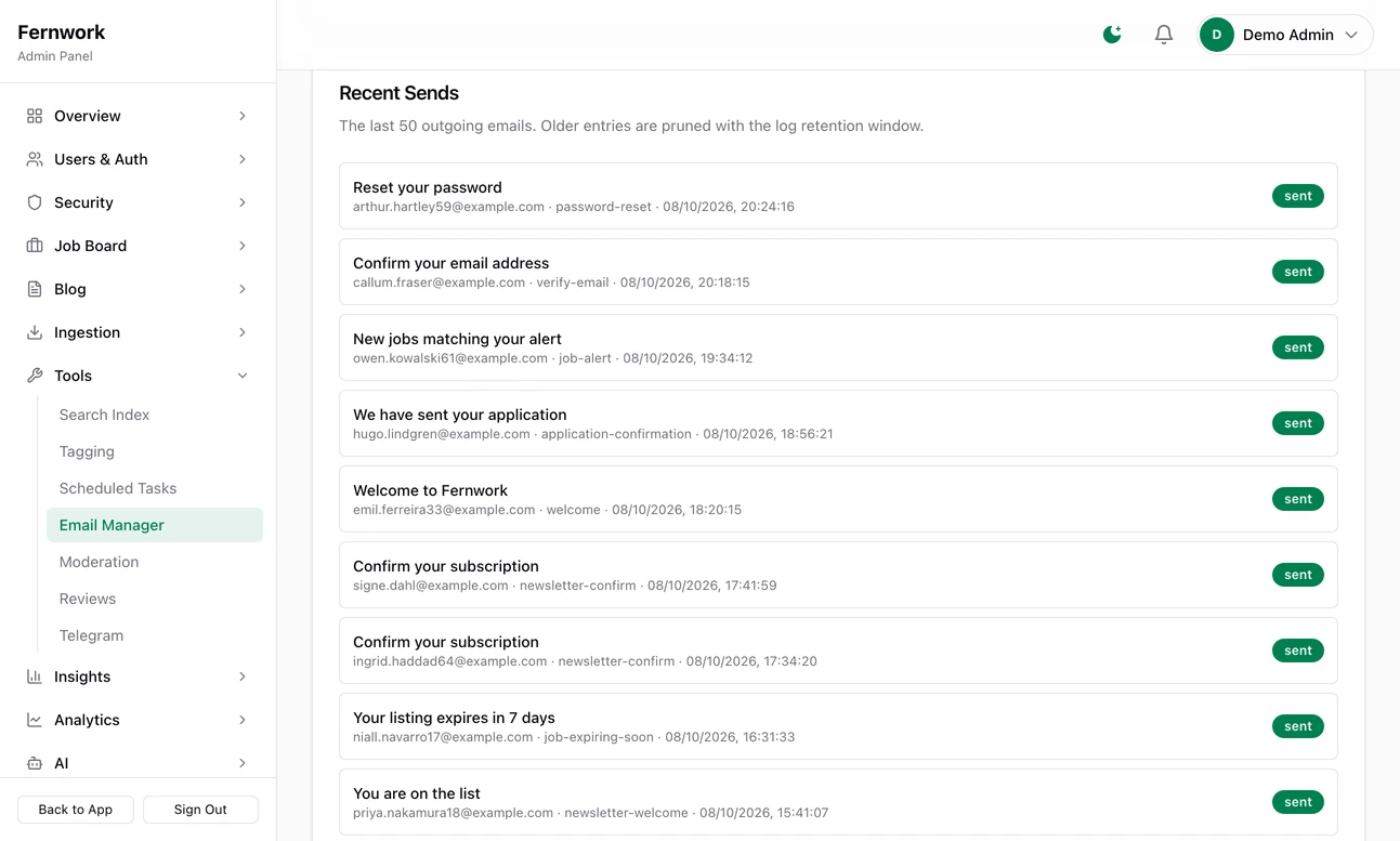 The Recent Sends log: subject, recipient, template and time for each email, a status badge, and a Resend button on failed rows