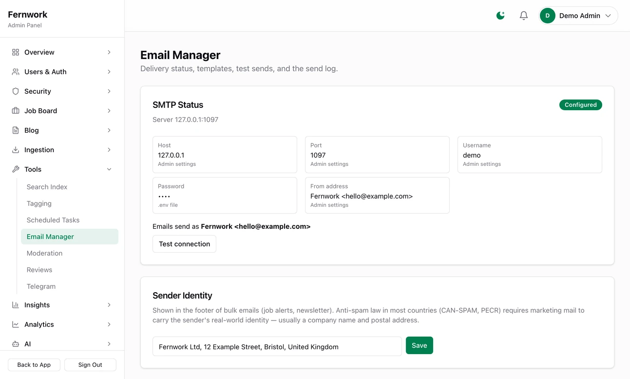 The Email Manager page: SMTP status Configured with the host, port, username and from address, a Test connection button, and the sender identity line that goes in the footer of bulk email