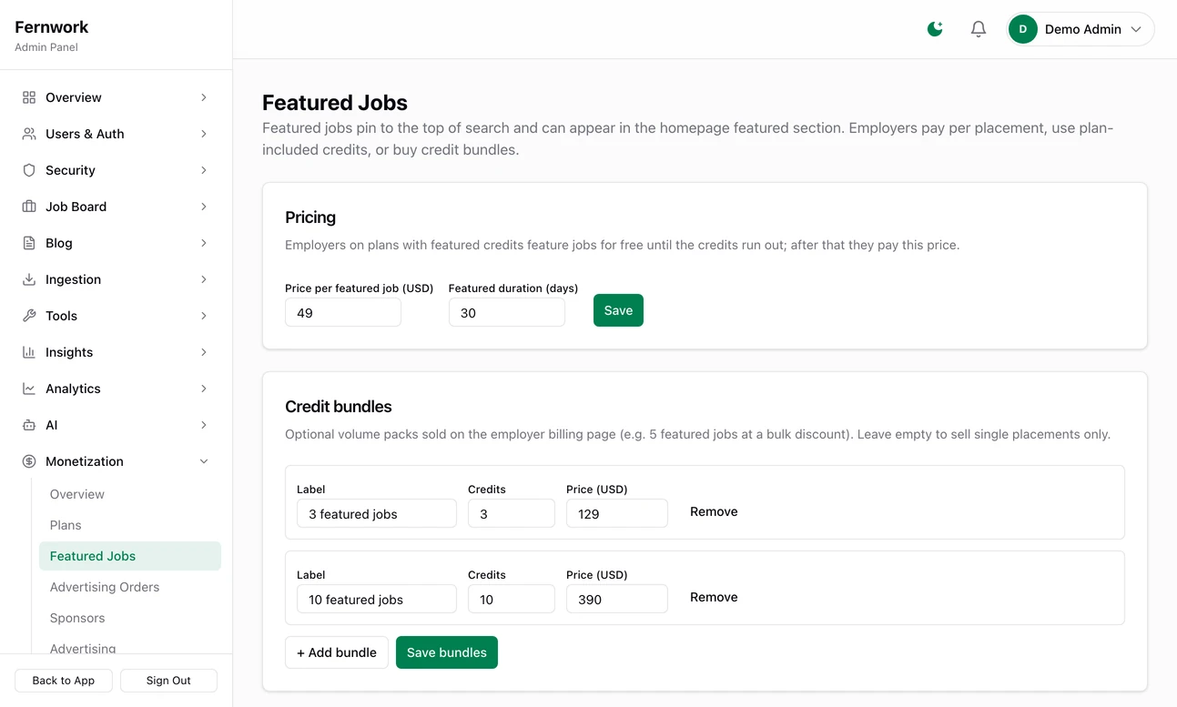The Featured Jobs page in the admin: the price per featured job set to 49 dollars for 30 days, and two credit bundles, 3 featured jobs for 129 and 10 for 390, with buttons to add a bundle and save