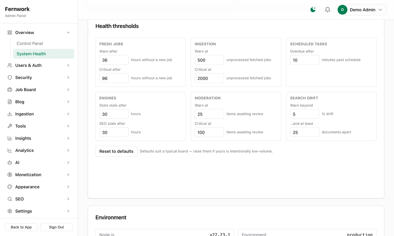 The Health thresholds form on System Health: boxes for the hours, counts and percentages at which the fresh jobs, ingestion, scheduled tasks, engines, moderation and search drift checks warn or go critical
