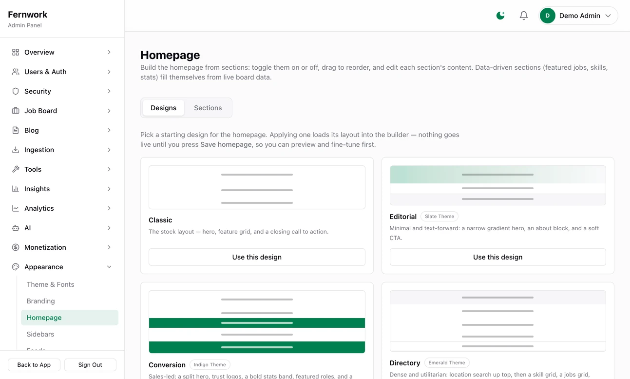 The Designs tab of the Homepage builder: five cards, Classic, Editorial, Conversion, Directory and Feed, each with a miniature of the page, a line describing it and a Use this design button
