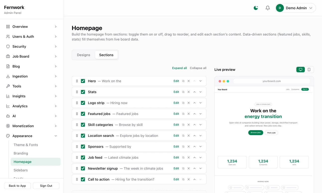 The Homepage builder: a list of sections that can be switched on, reordered and edited, Hero, Stats, Logo strip, Featured jobs, Skill categories, Location search, Sponsors, Job feed, Newsletter signup and Call to action, beside a live preview of the page