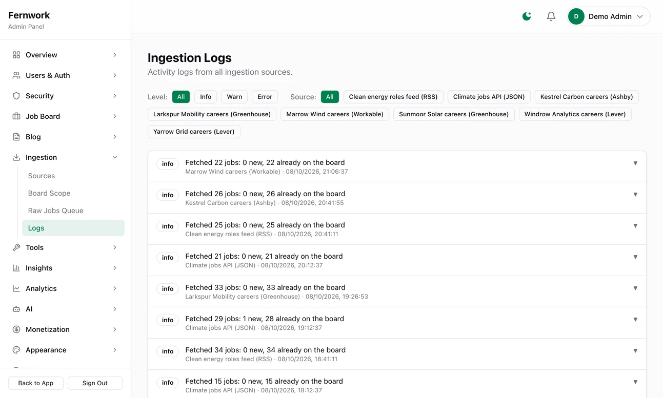 The Ingestion Logs page: filters for level and source above a list of log lines from each fetch and each batch, newest first, each with its source and time