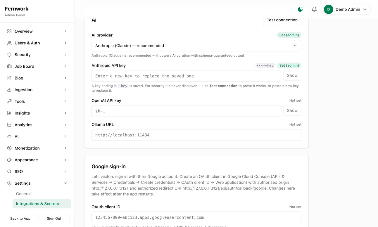 The AI box on Integrations and Secrets: a provider list set to Anthropic, boxes for the Anthropic key, the OpenAI key and the Ollama address, each with a status badge, and a Test connection button