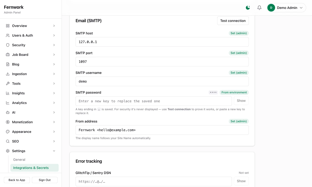 The Email (SMTP) card: boxes for SMTP host, port, username, password and From address, each marked with where its value comes from, and a Test connection button
