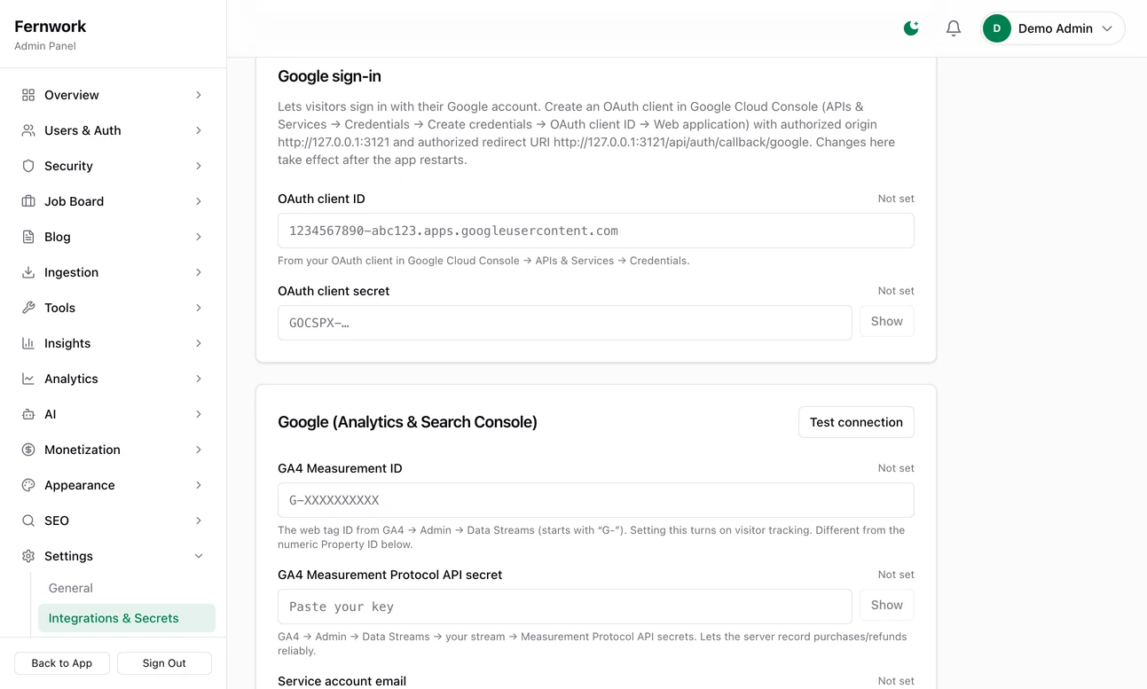 The Google sign-in card on Integrations and Secrets: a note giving the authorised origin and redirect address to paste into Google, then boxes for the OAuth client ID and client secret
