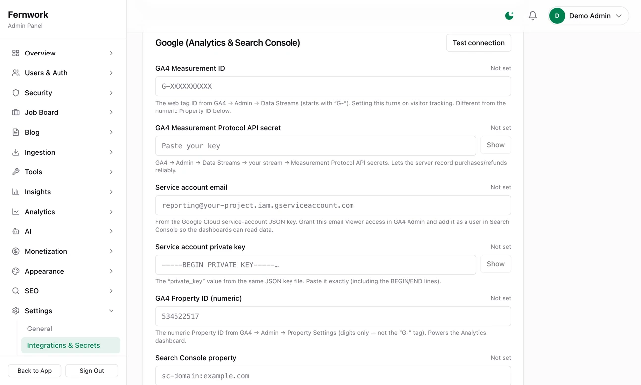 The Google card on Integrations and Secrets: boxes for the GA4 Measurement ID, Measurement Protocol secret, service account email and private key, numeric property ID and Search Console property, with a Test connection button