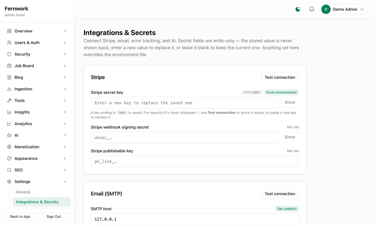 The Integrations and Secrets page: a Stripe card with boxes for the secret key, webhook signing secret and publishable key and a Test connection button, and the start of the Email card with the SMTP host; saved keys show only their last characters