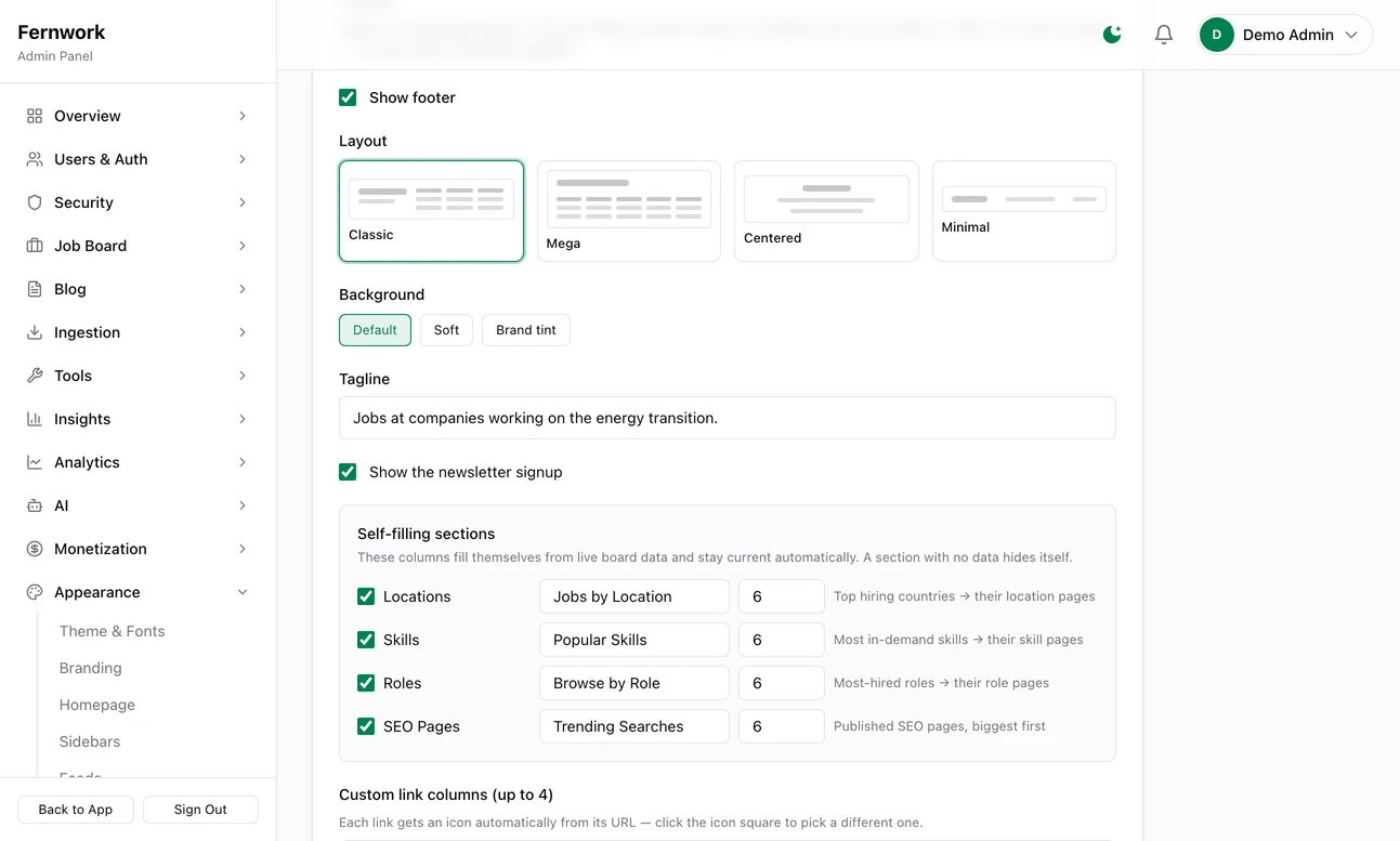 The Footer card on the Navigation and Footer page: the Show footer tick box, four layouts with Classic chosen, three backgrounds, a tagline box and the self-filling sections for locations, skills, roles and SEO pages