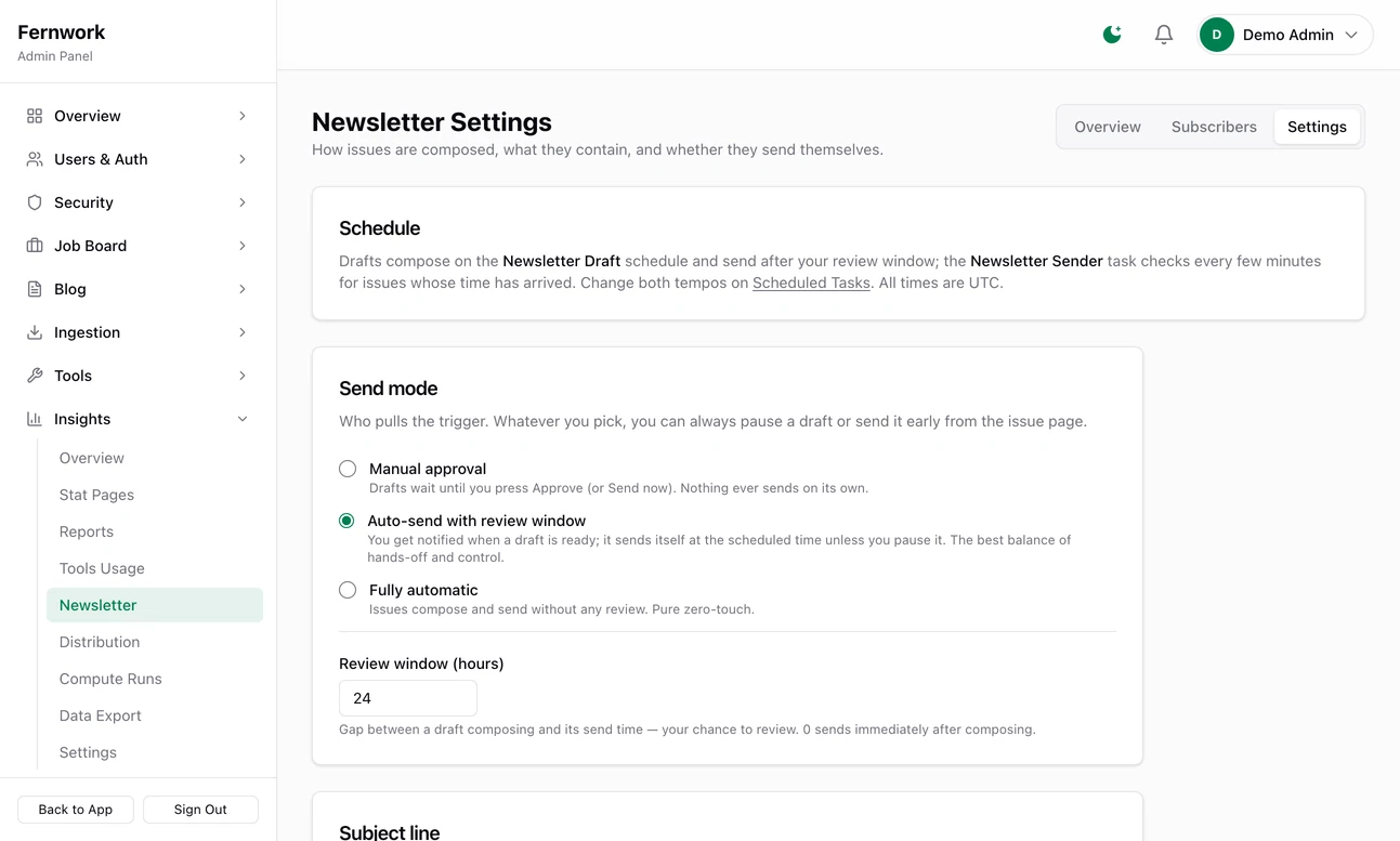 The Newsletter Settings tab: the three send modes, the review window in hours, the subject line pattern and the start of the content sections