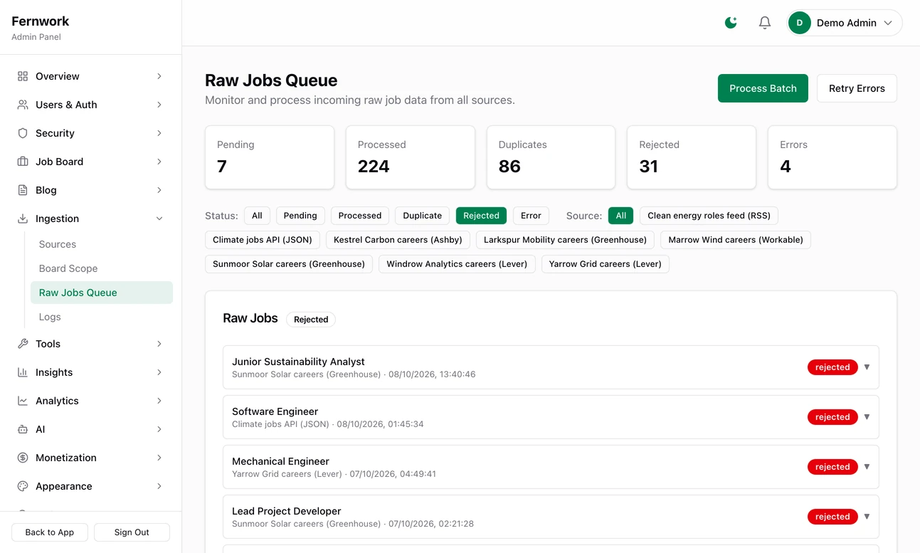 The queue filtered to rejected jobs, each row with its title and in red the reason it was turned away, outside board scope because its title and skills match no included keyword