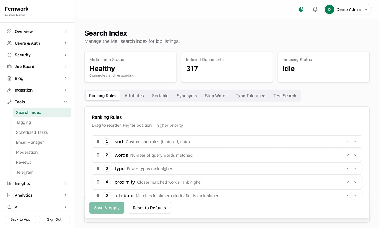 The Search Index page: Meilisearch Status reading Healthy, the number of indexed documents, Indexing Status reading Idle, and the Ranking Rules tab listing the six rules in order