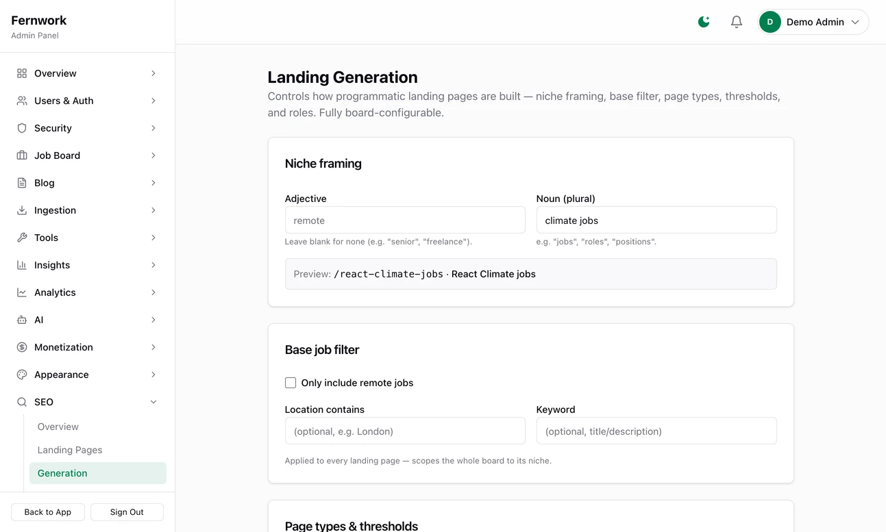 The Landing Generation form: adjective and noun boxes with a preview of the resulting address and heading, a base job filter, tick boxes for the four kinds of page, and the two minimum-jobs numbers
