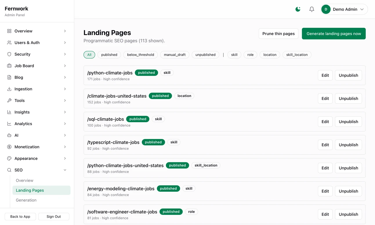 The Landing Pages list: 113 generated pages, each with its address, a published badge, its kind (skill, role, location or skill and location), how many jobs it lists and Edit and Unpublish buttons; the first is python-climate-jobs with 171 jobs