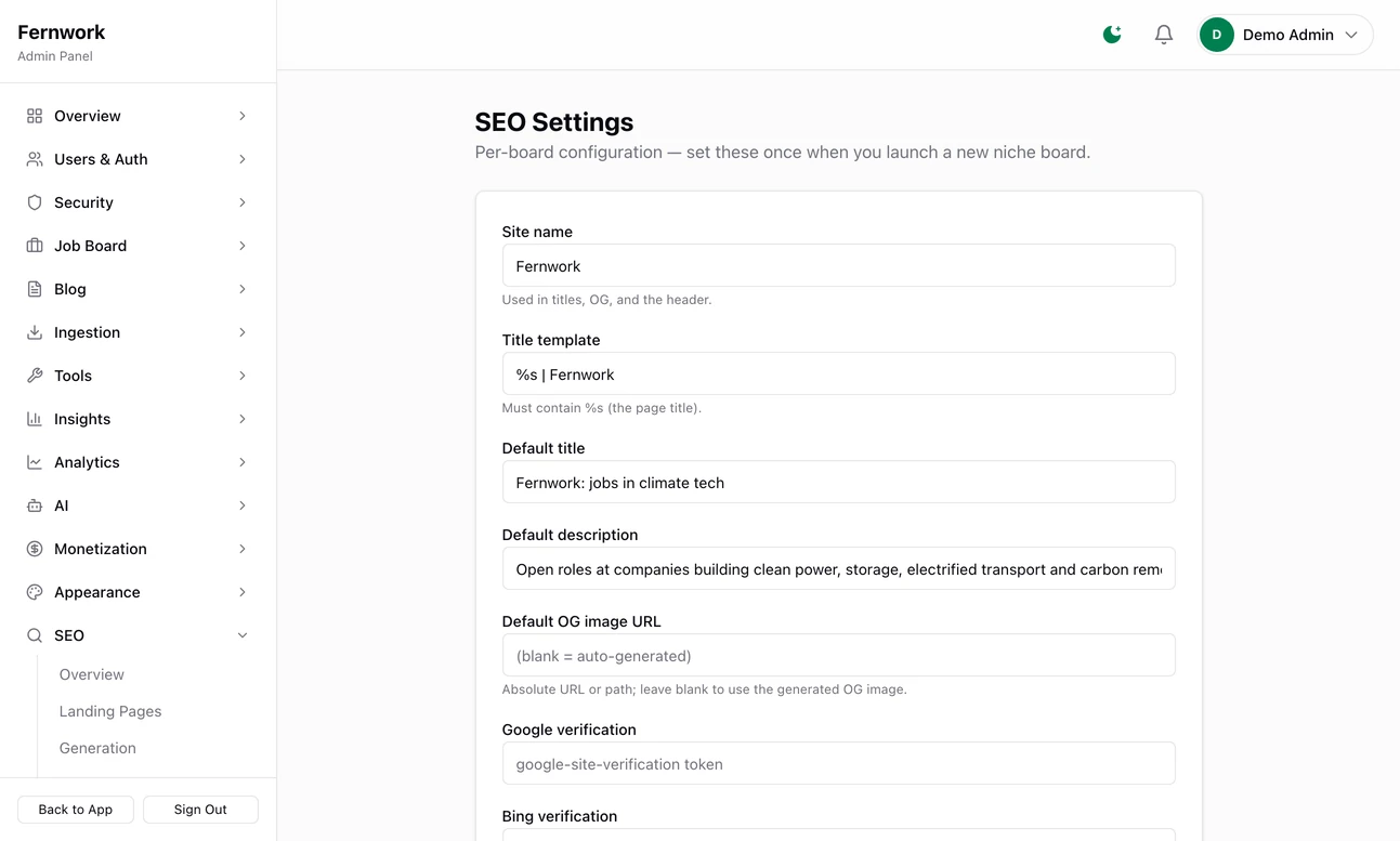 The SEO Settings form: boxes for site name, title template, default title and description, share image address, Google and Bing verification codes and Twitter handle, then two tick boxes, one allowing search engines to index the site and one for pinging Google when jobs open or close