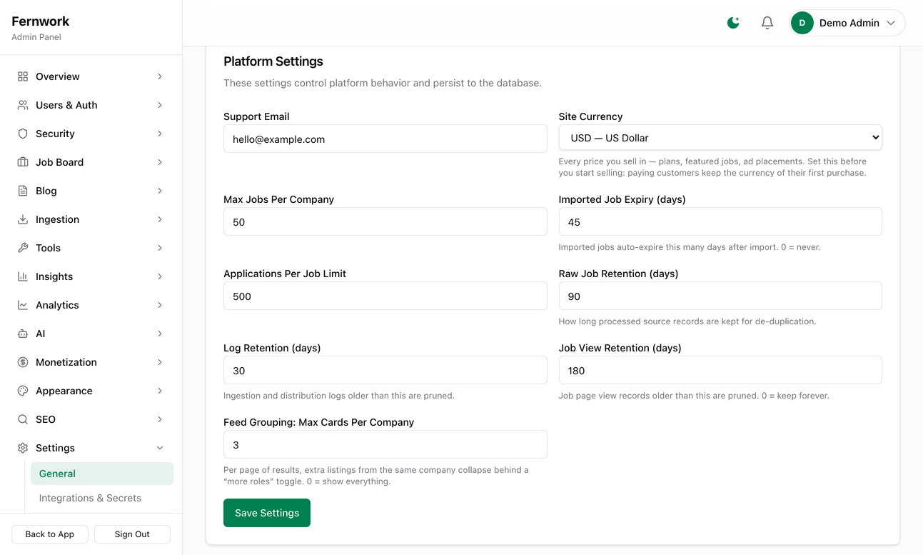 The Platform Settings card on the General Settings page: a Site Currency list set to US Dollar with a note to set it before selling, then boxes for support email, max jobs per company and the retention periods, and a Save Settings button