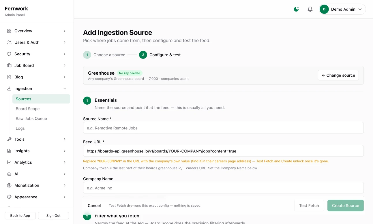 The form for a Greenhouse feed: the Feed URL still holding YOUR-COMPANY with a warning to replace it, an empty Source Name, the Company Name box, and Test Fetch and Create Source greyed out