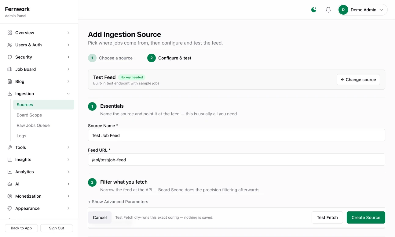 The second step of Add Ingestion Source for the Test Feed: the source name Test Job Feed, the feed address, the Filter what you fetch section, a collapsed Fine-tune line and a bar with Cancel, Test Fetch and Create Source