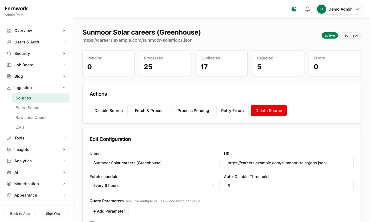 One source's own page: tiles for Pending, Processed, Duplicates, Rejected and Errors, the Actions buttons from Disable Source to Delete Source, and the start of Edit Configuration
