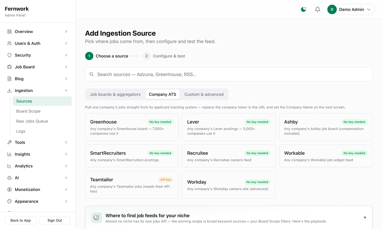 The Add Ingestion Source page on its Company ATS tab: tiles for Greenhouse, Lever, Ashby, SmartRecruiters, Recruitee, Workable, Teamtailor and Workday, for pulling the jobs of one company straight from its hiring system