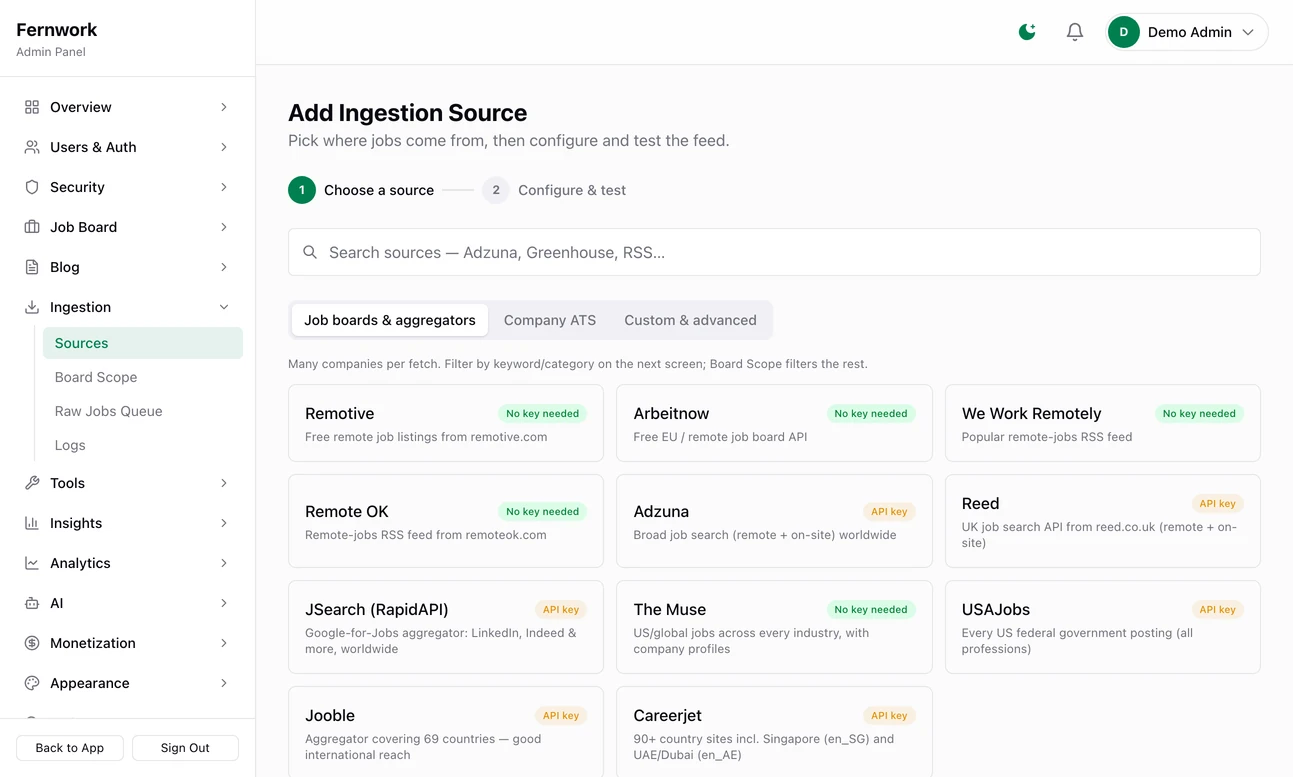 The Add Ingestion Source page on its Job boards and aggregators tab: a search box and a tile for each ready-made source, including Remotive, Arbeitnow, We Work Remotely, Remote OK, Adzuna and Reed, each marked No key needed or API key