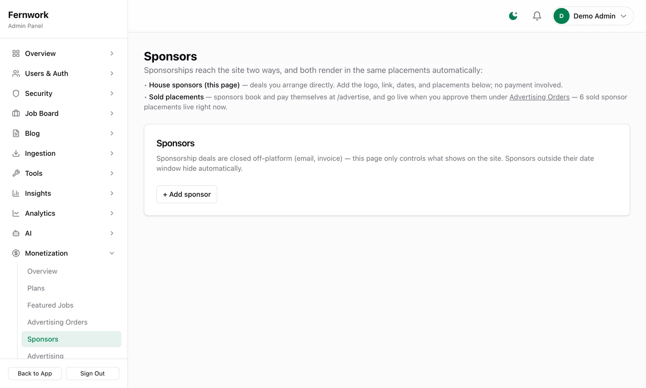 The Sponsors page before any house sponsor is added: a note on the two ways a sponsor reaches the site, house sponsors arranged directly and placements sold through the shop, and an Add sponsor button