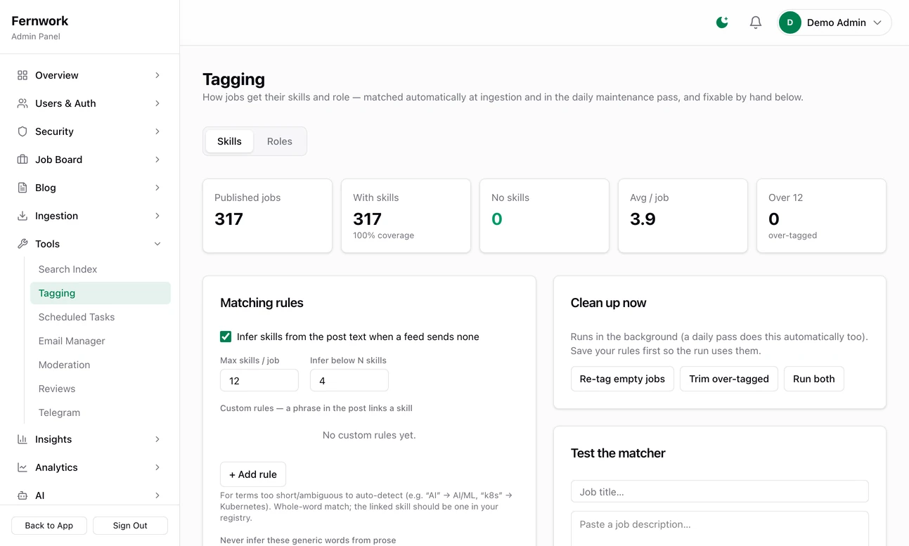 The Tagging page on its Skills tab: tiles for published jobs, jobs with skills, jobs with no skills, average skills per job and over-tagged jobs, the Matching rules card, the Clean up now buttons and the Test the matcher box
