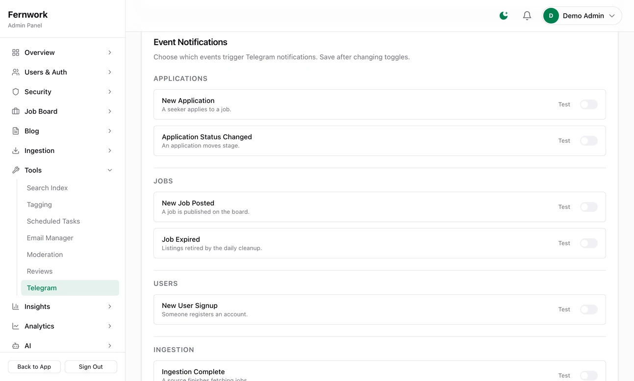 The Event Notifications card: events grouped under Applications, Jobs, Users, Ingestion and more, each with a one-line description, a Test button and an on-off switch