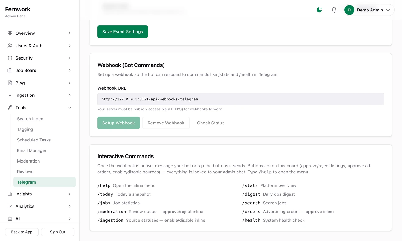 The Webhook card: a read-only Webhook URL box, Setup Webhook, Remove Webhook and Check Status buttons, and below it the Interactive Commands list from /help to /health