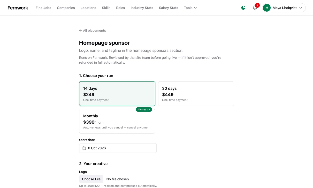 The booking page for Homepage sponsor: a card for each length with its price, a start date, boxes for logo, sponsor name, destination link and tagline, and the start of the live preview