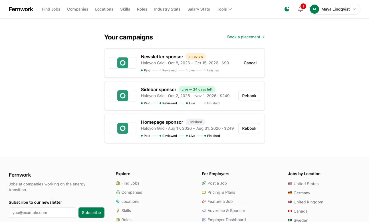 The Your campaigns page: orders with status badges such as Live, In review and Finished, a four-stage progress line under each, and the buttons the advertiser still has