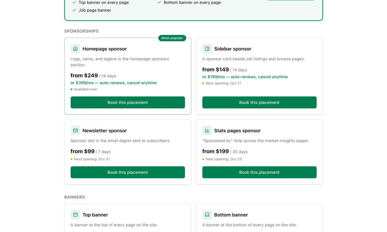 The sponsorship packages on the advertising page: Homepage sponsor from 249 dollars for 14 days, Sidebar sponsor from 149, Newsletter sponsor from 99 for 7 days and Stats pages sponsor from 199, each with when it is next available and a Book this placement button