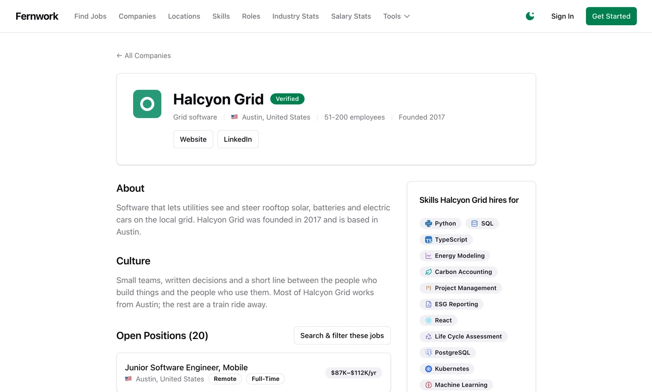 The company page for Halcyon Grid, marked Verified: grid software, Austin, 51 to 200 employees, founded 2017, with About and Culture text, the skills it hires for down the right, and the start of its open positions