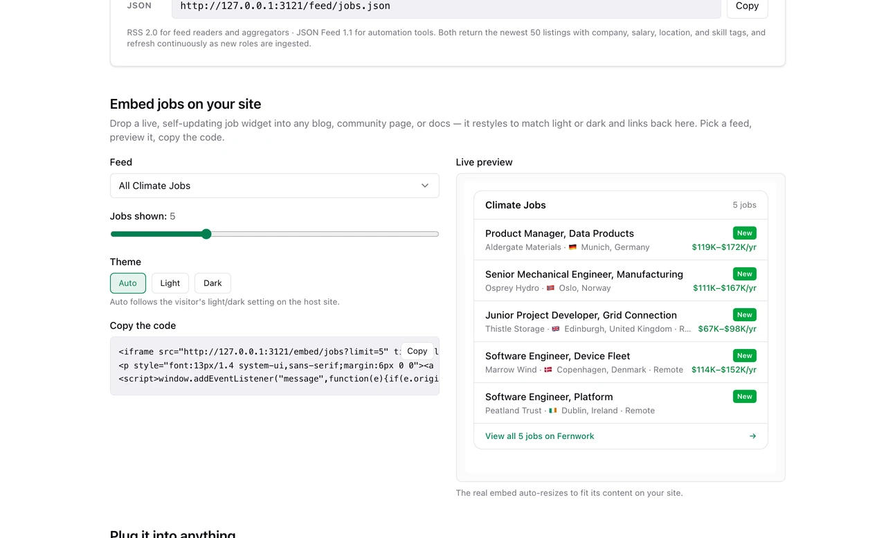 The embed builder on the public feeds page: a feed picker, a slider for jobs shown, auto, light and dark theme buttons, the code to copy and a live preview of the job widget