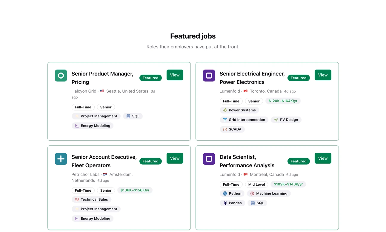 The Featured jobs section of the home page: cards for a Senior Product Manager at Halcyon Grid, a Senior Electrical Engineer at Lumenfold and others, each with a green Featured badge, the company logo, location, salary range and skill tags