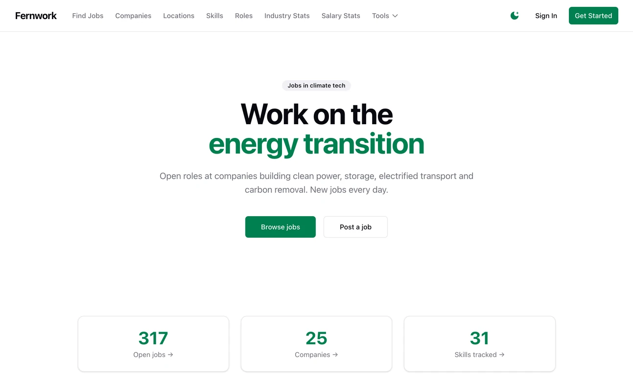 The home page of a Job Lab board called Fernwork: a heading reading Work on the energy transition, buttons to Browse jobs and Post a job, and three counters underneath for 317 open jobs, 25 companies and 31 skills tracked