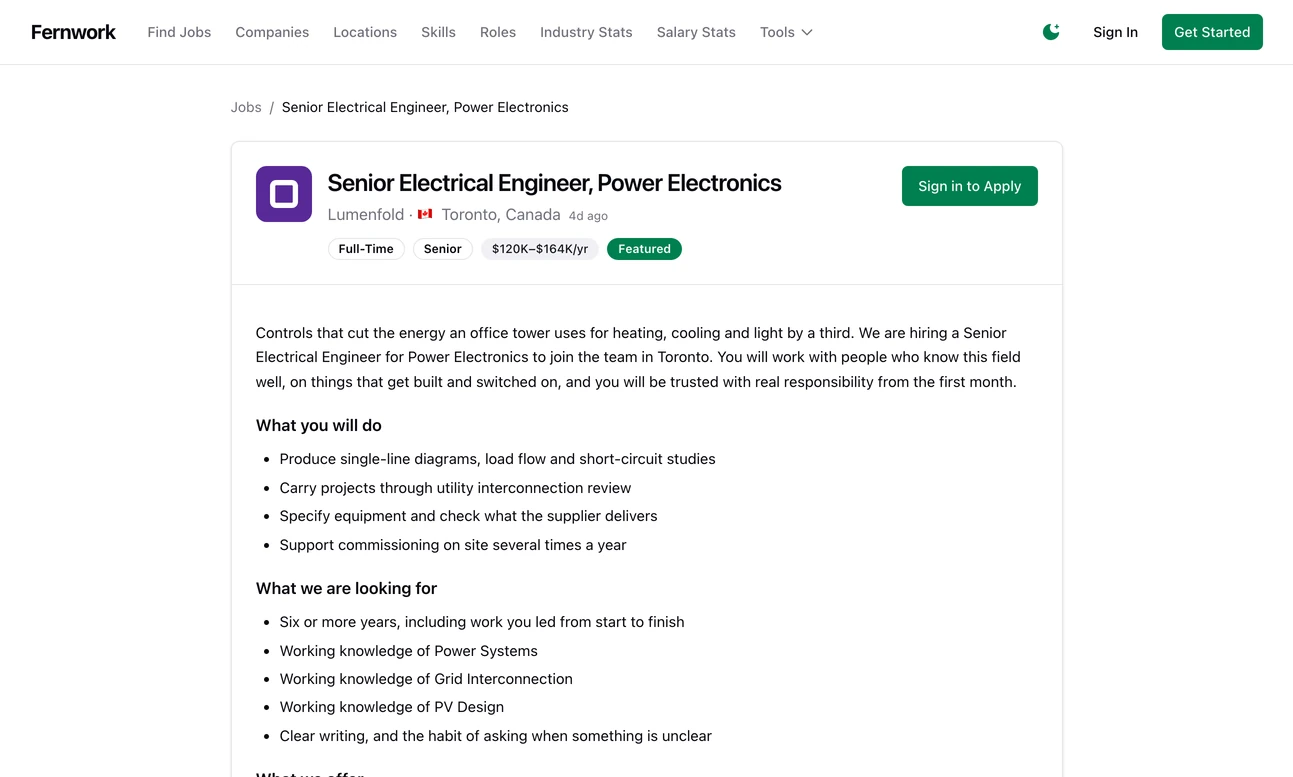 A job page: Senior Electrical Engineer, Power Electronics at Lumenfold in Toronto, full-time, senior, 120 to 164 thousand dollars a year, marked Featured, with a Sign in to Apply button and the description set out under What you will do and What we are looking for