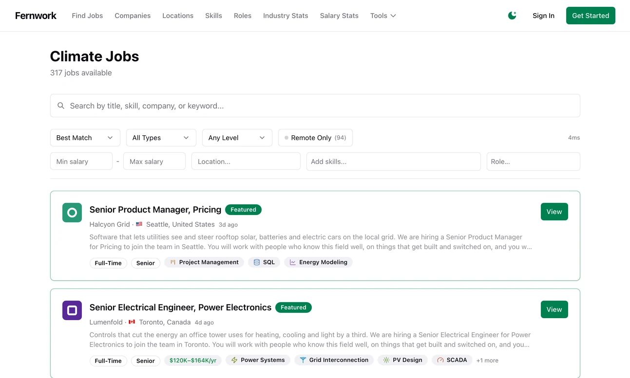 The job search page headed Climate Jobs, 317 jobs available: a search box, filters for sort order, type, level, remote only, salary, location, skills and role, and the first results with company logos, Featured badges, salary ranges and skill tags