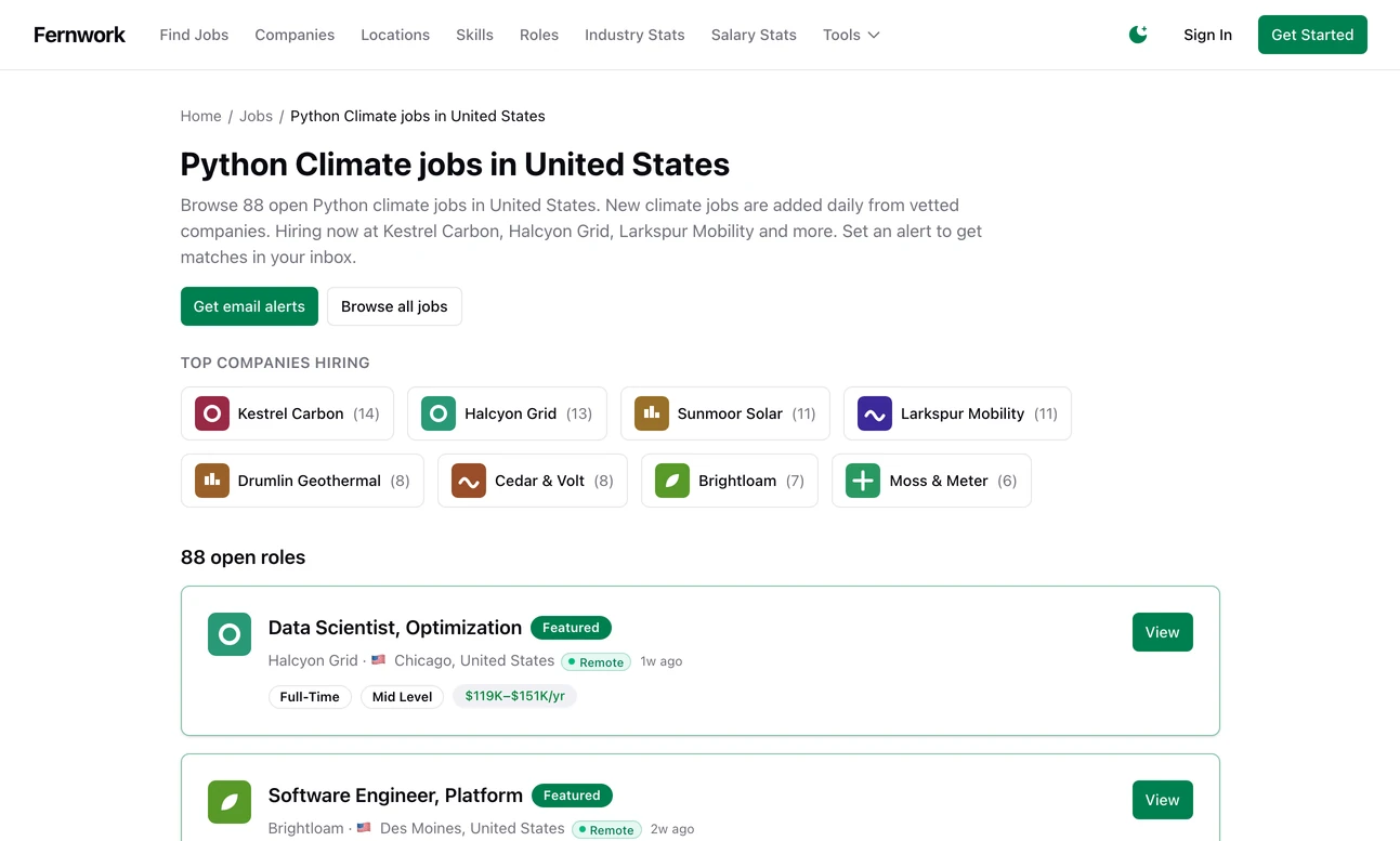 A generated landing page headed Python Climate jobs in United States: a paragraph saying 88 open roles and naming the companies hiring, buttons for email alerts and all jobs, the top companies hiring with counts, and the first of the 88 roles