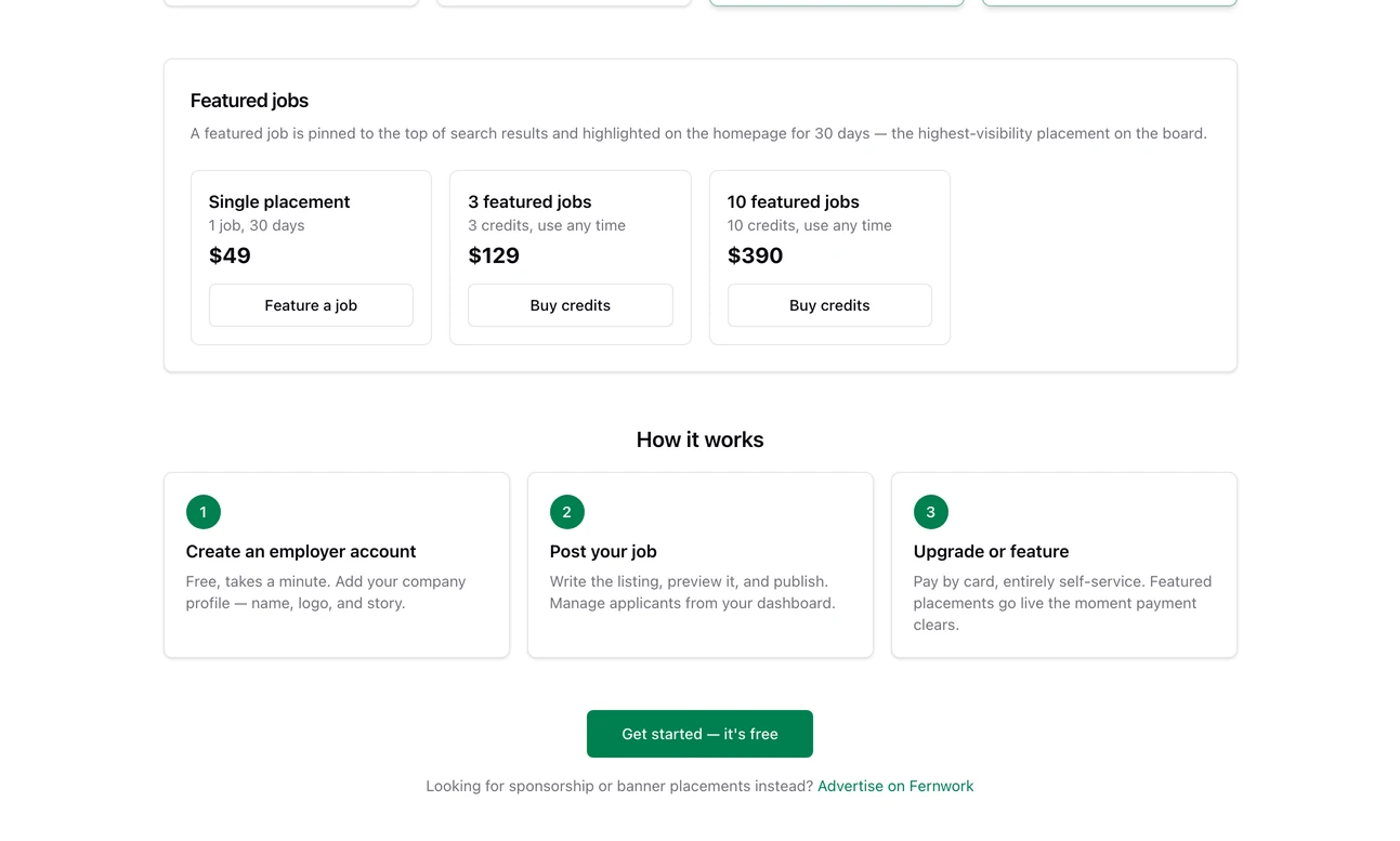 The Featured jobs part of the pricing page: a single placement for 30 days at 49 dollars, three credits for 129 and ten credits for 390, then a three-step How it works and a Get started button